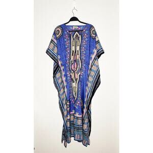 Shore Drive Women's Blue Gold Sequin Glitter Kaftan Dress One Size Resort Vacay